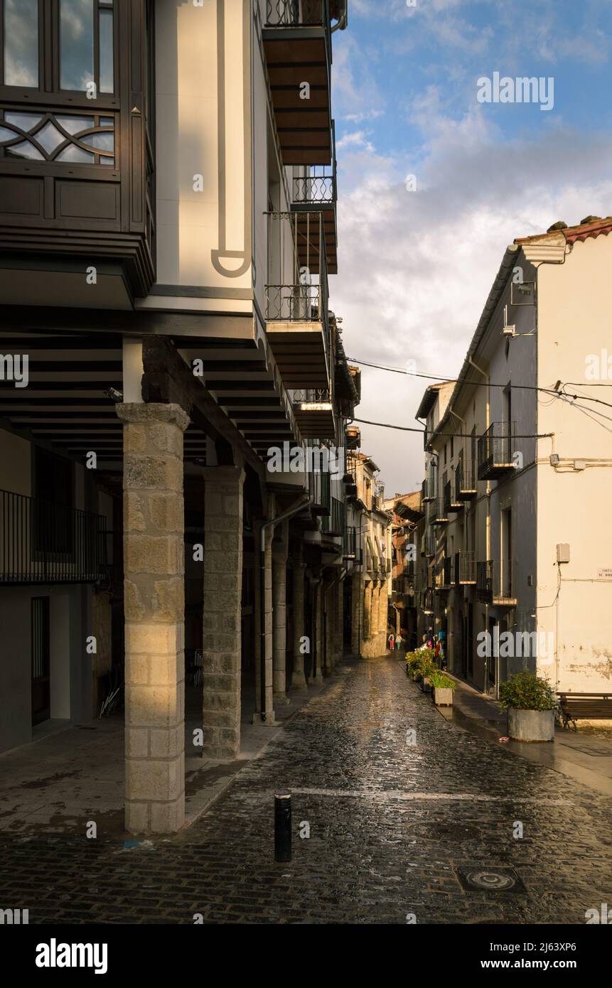 Wet cobbled streets after the rain in the medieval village of Morella