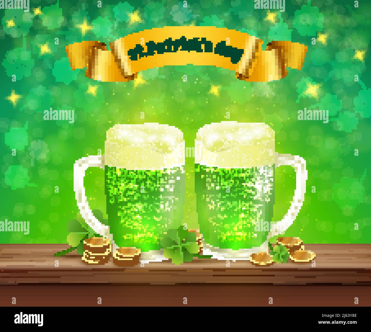 Saint patricks day composition with glasses of beer, coins, leaves of clover on green background vector illustration Stock Vector