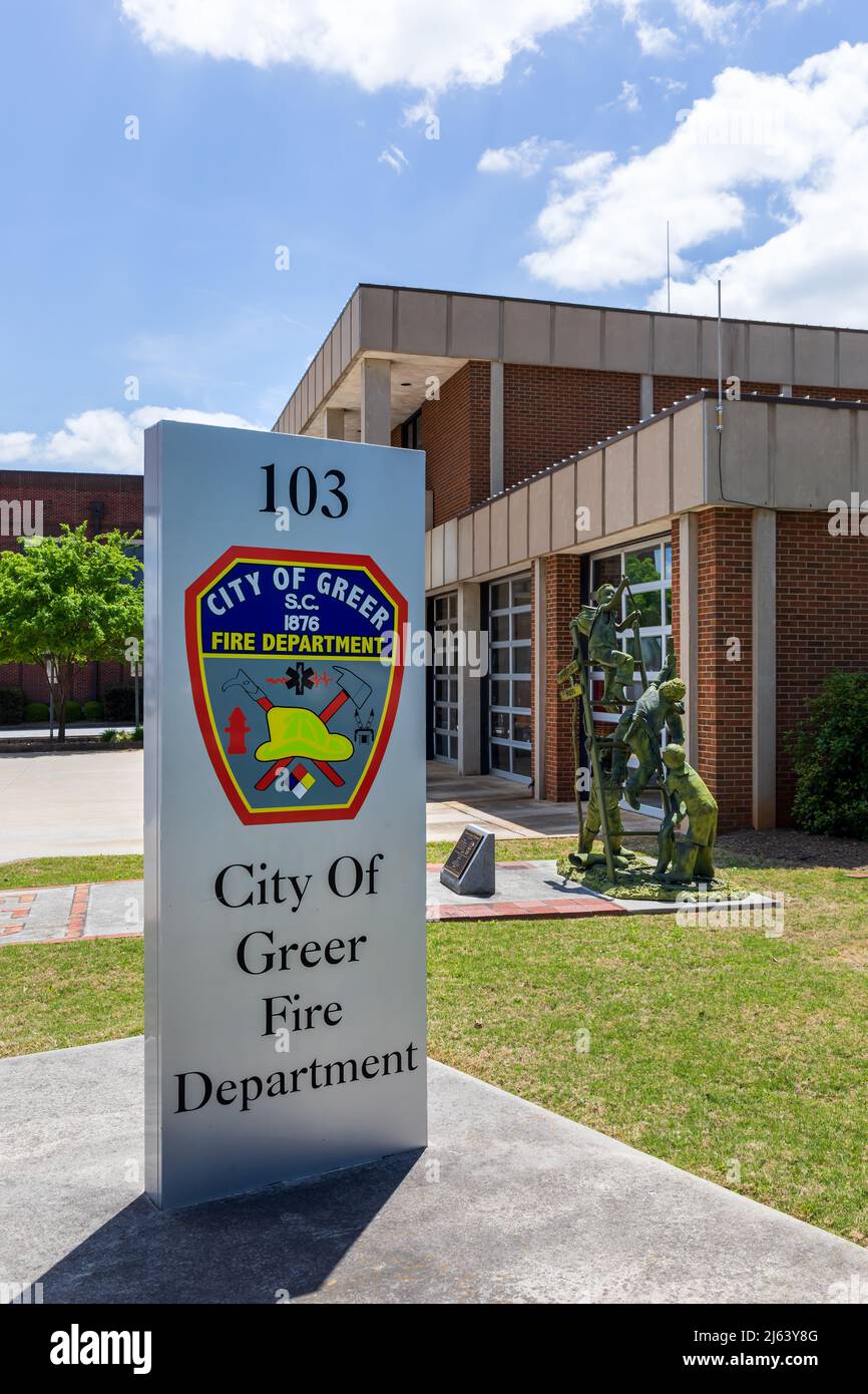 GREER, SC, USA 24 APRIL 2022 City of Greer Fire Dept. sign, with