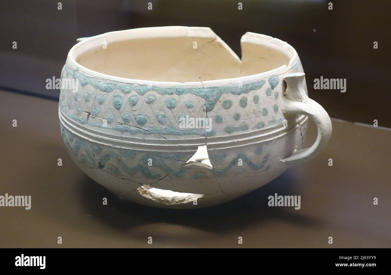 Green Ceramic Bowl XI Century, Regional Archaeology Museum in Alcala de Henares Spain. Stock Photo