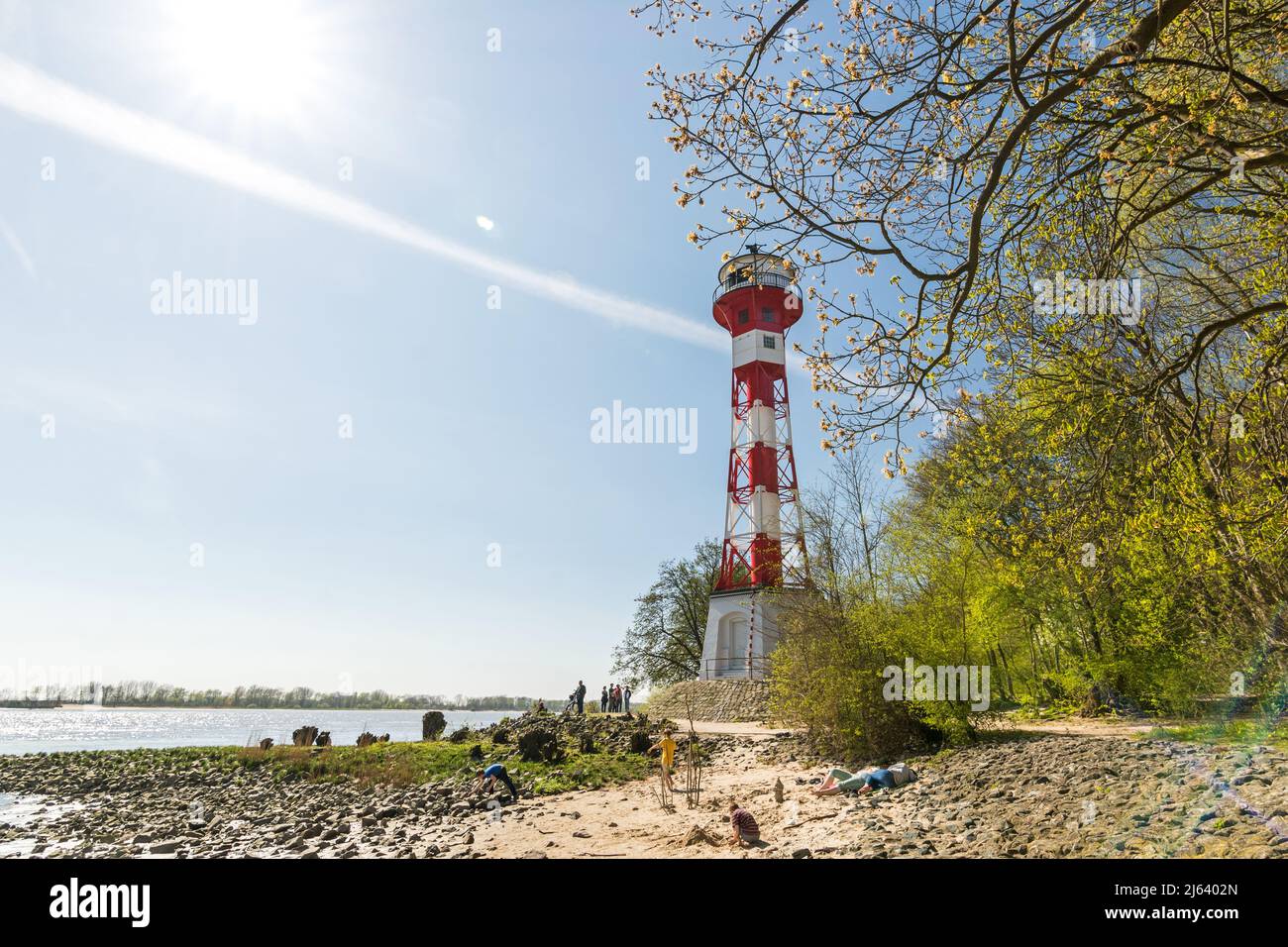 Famous lighthouse (Leuchtturm Wittenbergen) at the beach of the Elbe River in Hamburg, Germany Stock Photo