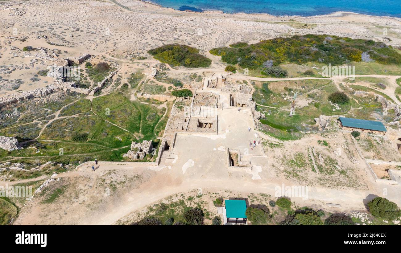 Paphos, Cyprus - April 2, 2022: Aerial view on archaeological Site of the Tombs of the Kings. Stock Photo