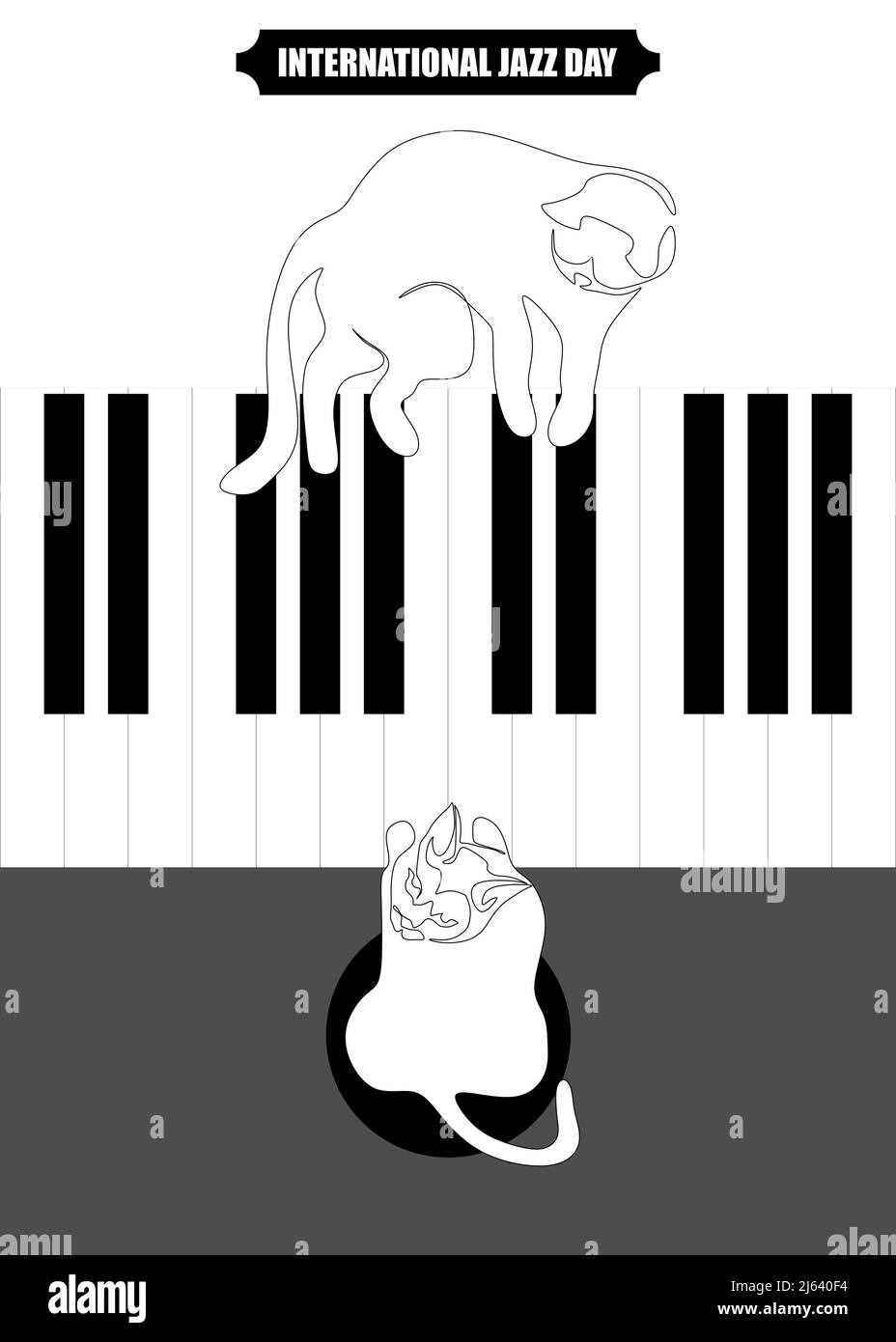 International Jazz Day music negative space style vector poster for jazz festival or night blues retro party with view from above piano keys. Cat lies Stock Vector