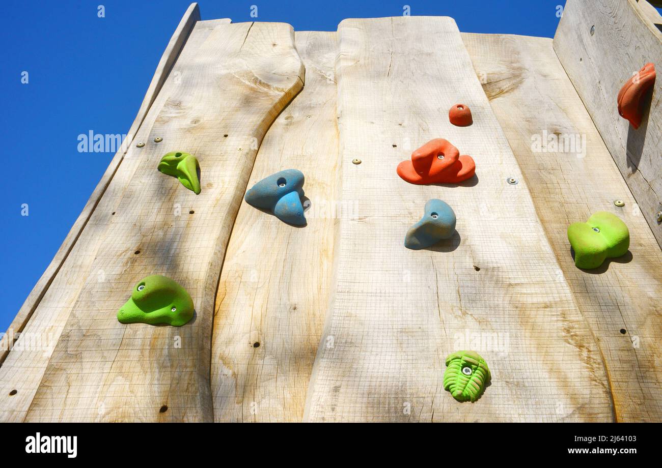 Boulder wall made out of wood outdoor adventure Stock Photo
