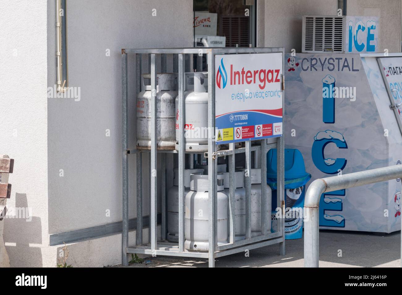 Kissonerga, Cyprus - April 2, 2022: Intergaz gas cylinders. Stock Photo
