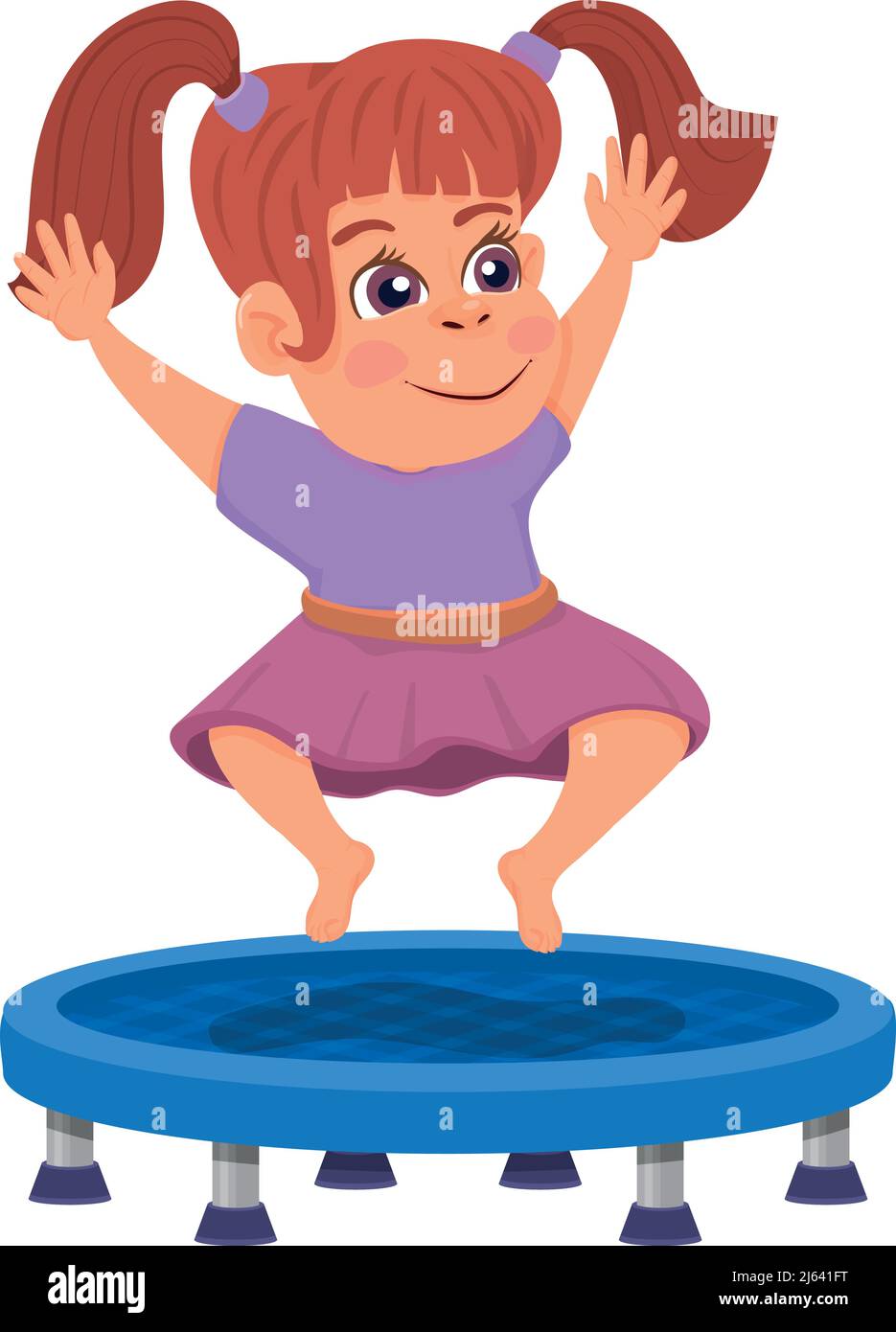 Happy girl jumping on trampoline. Cartoon kid playing Stock Vector