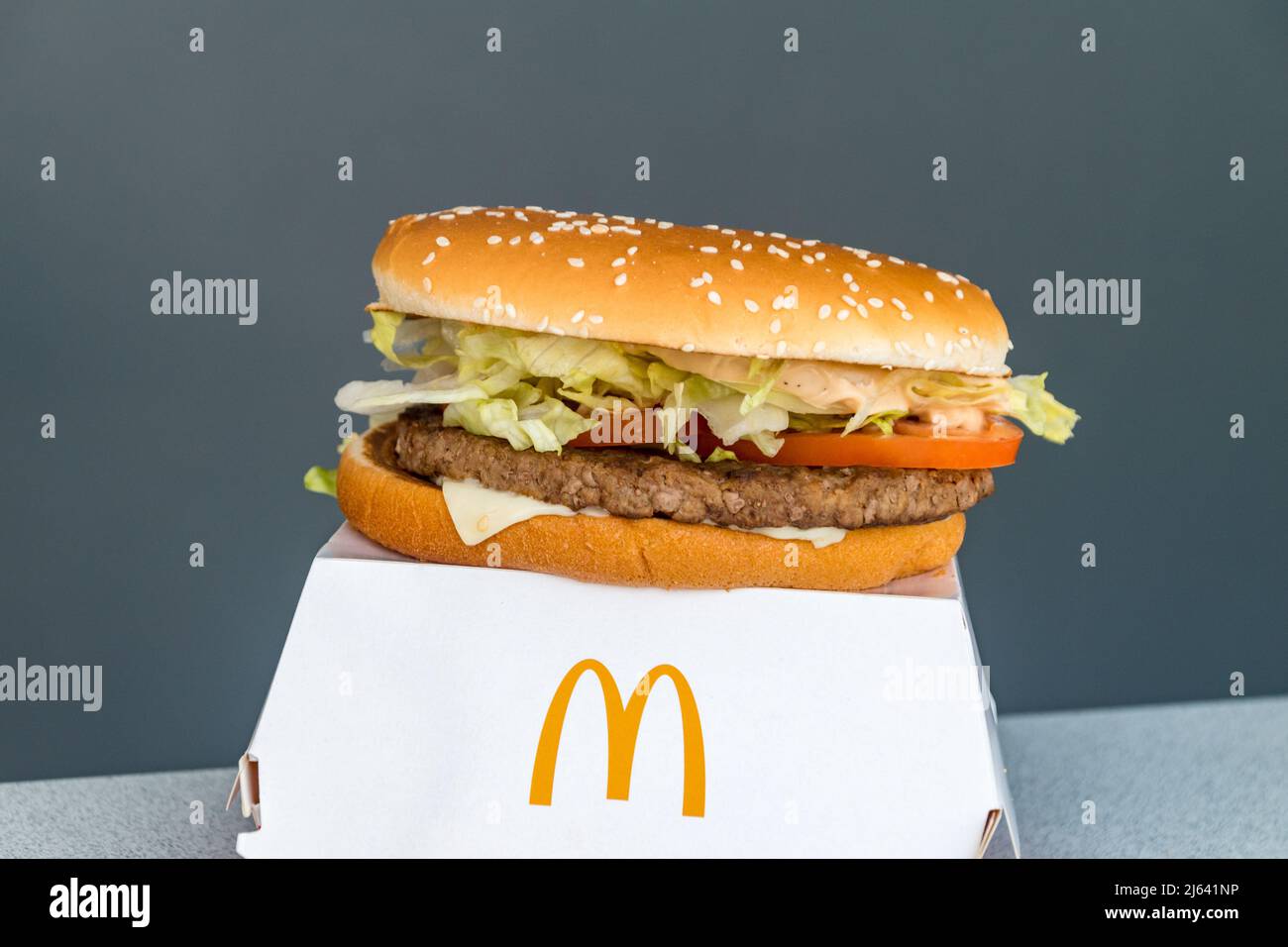 Paphos, Cyprus - April 2, 2022: The Big N' Tasty Sandwich.The Big N’ Tasty is a hamburger sold by the international fast food chain McDonald's. Stock Photo