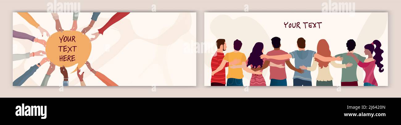 Group of multicultural volunteer people embraced viewed from behind and group of hands holding a speech bubble.NGO - banner - poster - cover -editable Stock Vector