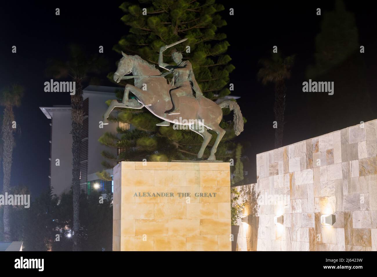 Paphos, Cyprus - April 2, 2022: Equestrian monument to Alexander the Great at night. Alexander III of Macedon was a king of the ancient Greek kingdom Stock Photo