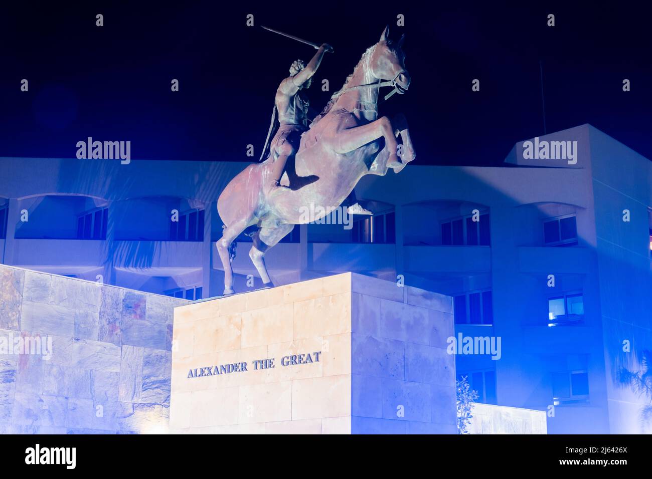 Paphos, Cyprus - April 2, 2022: Night view on Equestrian monument to Alexander the Great. Stock Photo