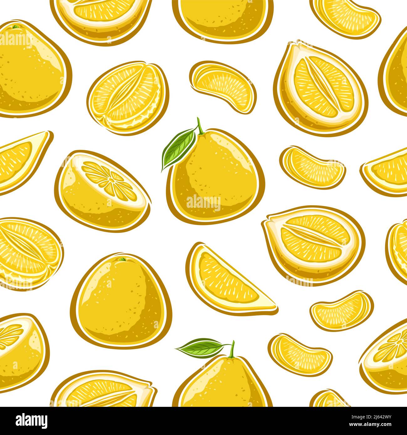 Vector Pomelo seamless pattern, decorative repeating background with set of cut out illustrations ripe exotic pomelo with green leaves, group of tropi Stock Vector