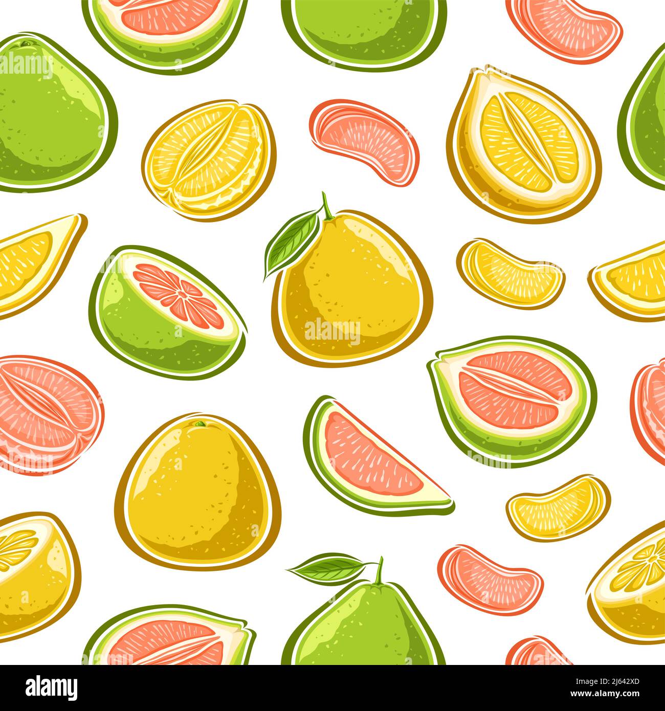 Vector Pomelo seamless pattern, repeating background with set of cut out illustrations ripe colorful pomelo with green leaves, group of organic differ Stock Vector
