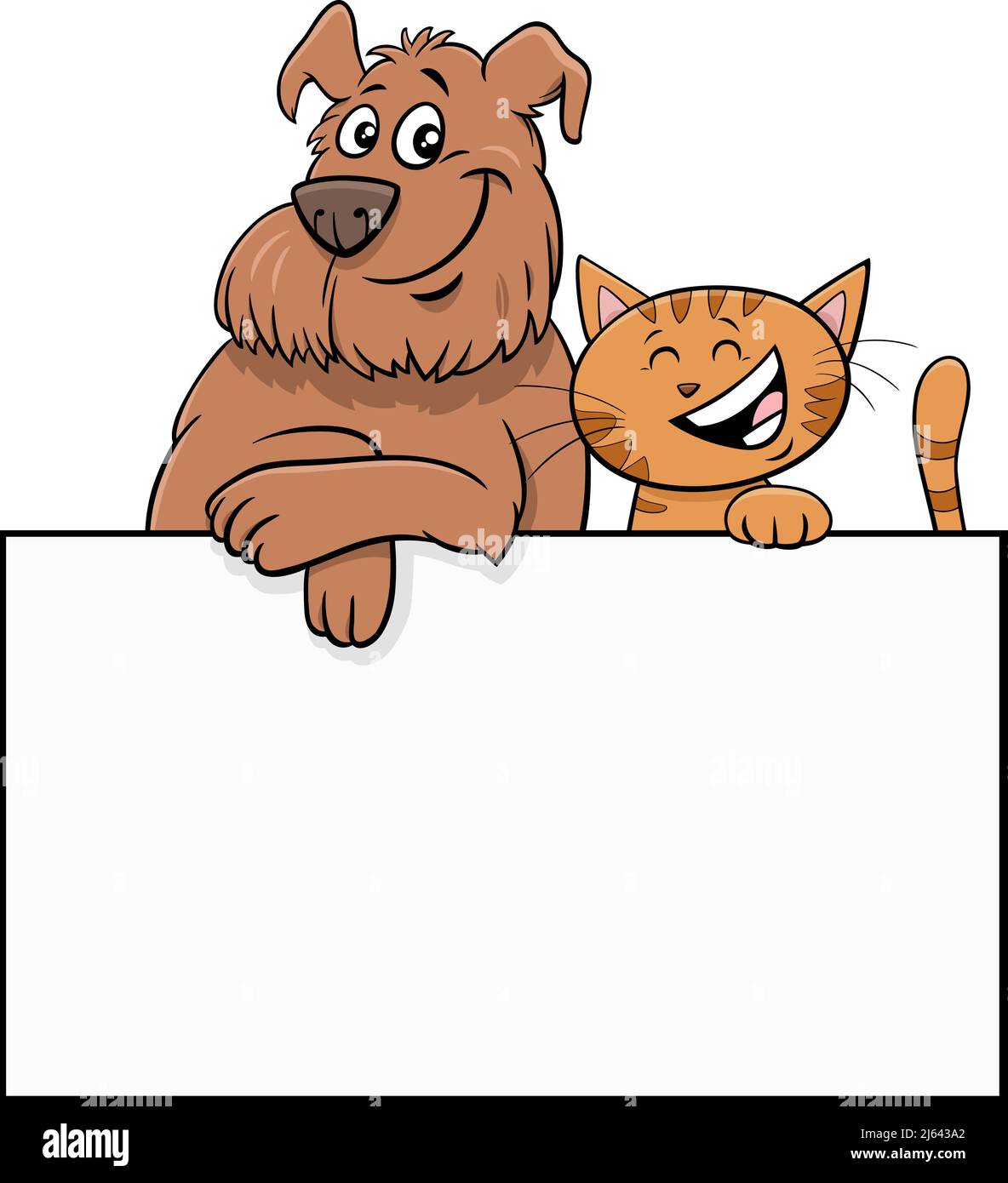 Cartoon illustration of shaggy dog and cat with blank card or board template graphic design Stock Vector