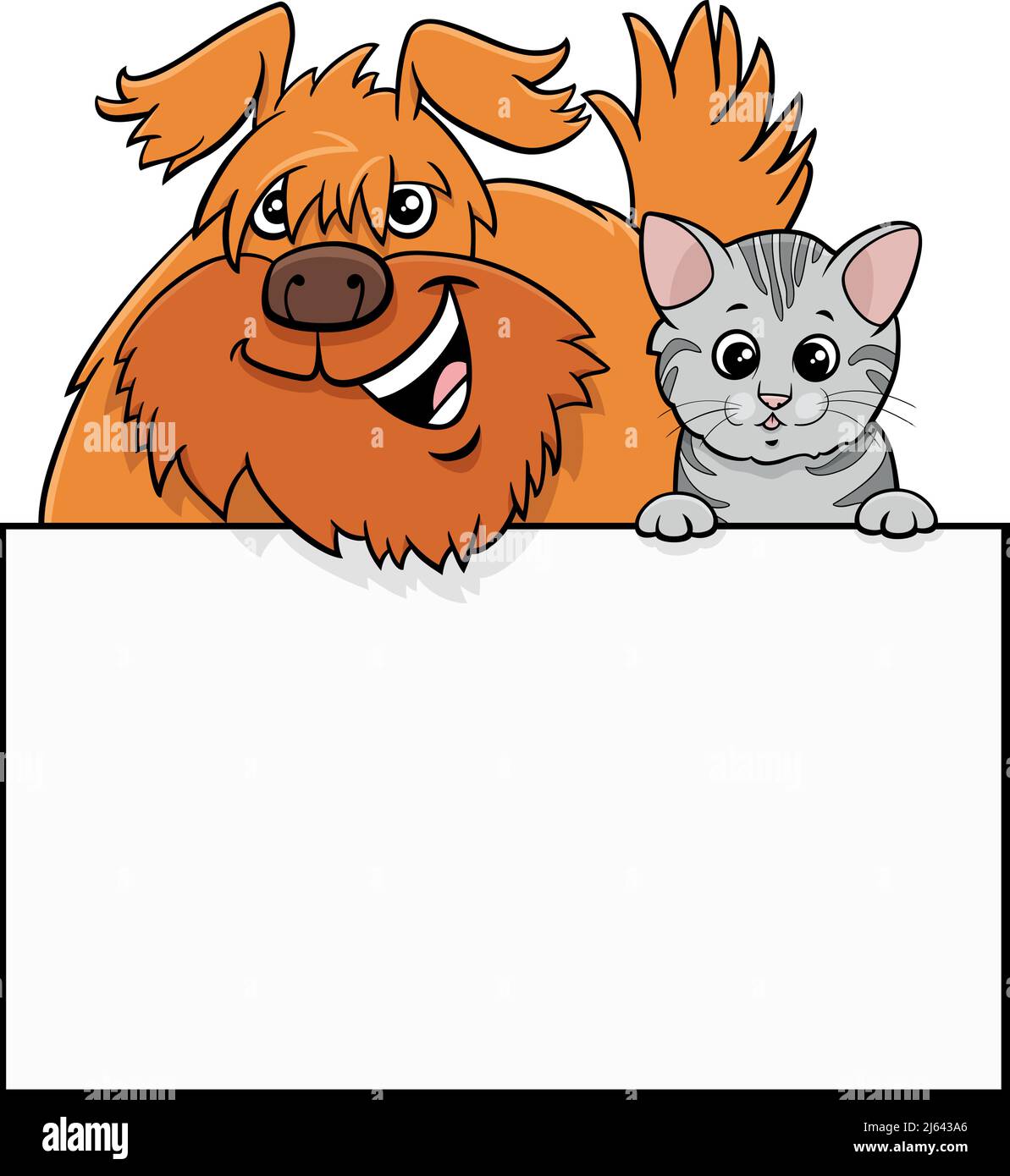Cartoon illustration of shaggy dog and kitten with blank card or board template graphic design Stock Vector
