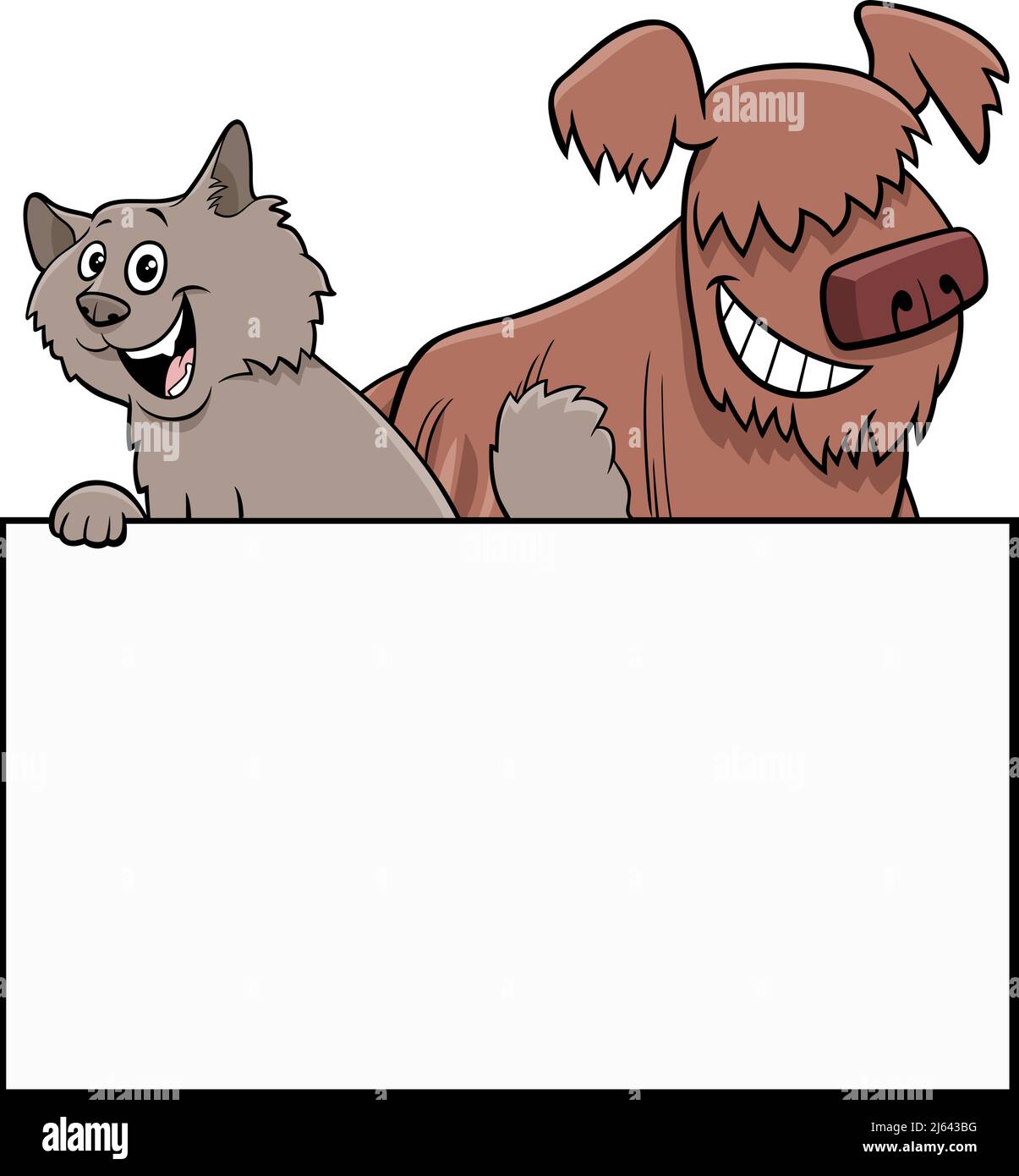 Cartoon illustration of cat and dog with blank card or board template graphic design Stock Vector