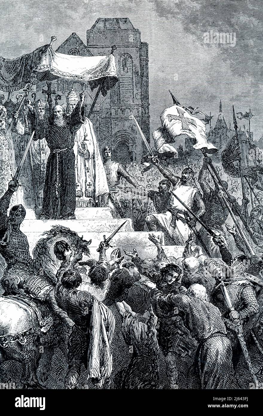 The 1906 caption reads: “PETER THE HERMIT PREACHING THE FIRST CRUSADE.—The crusades were started by Peter the Hermit, a holy man who returned from Jerusalem and spoke at a great Church Council held at Clermont in France, 1095. He told of the sufferings of Christians in the Holy Land and urged the warriors to win back the Sepulchre of Christ from the Mahometans. 'God wills it!' cried the Pope, and the whole multitude was seized with religious enthusiasm, and enrolled themselves under the banner of the cross.”  Peter the Hermit (c. 1050—1115), ascetic and monastic founder, considered one of the Stock Photo