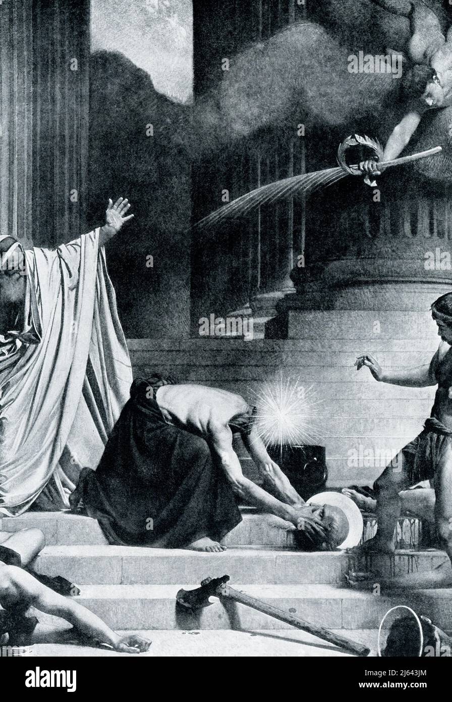 The 1906 caption reads: “MARTYRDOM OF SAINT DENIS.—Denis or Dionysius was the first bishop of Paris, and he has been adopted as the patron saint of France. He and his chief followers were beheaded at Paris in one of the Christian persecutions by the Roman Emperors. According to legend, the saint picked up his severed head and walked with it two miles to the hill of Montmartre where he wished to be buried. It is a scene which French artists are fond of portraying with all the miraculous accompaniments, as we see them here.” Denis of Paris was a 3rd-century Christian martyr and saint. According Stock Photo