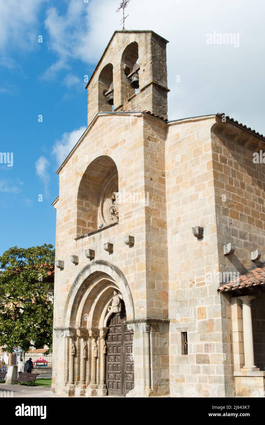 Vertical shot of Santa Maria de la Oliva, beautiful romanic church at Villaviciosa, Spain. Europe Stock Photo