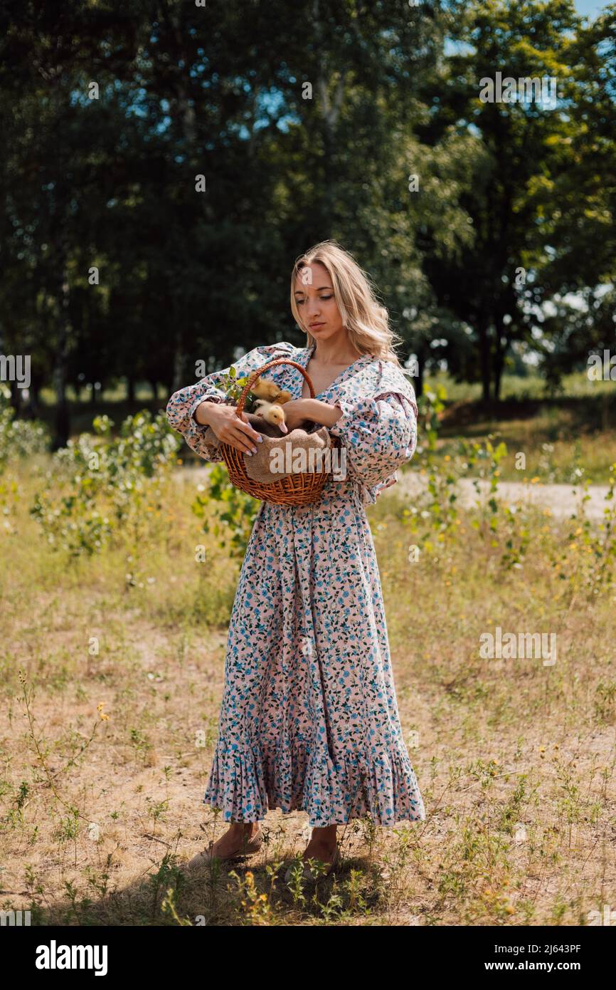 A young woman in long dress holds a basket of ducklings and smiles Stock Photo
