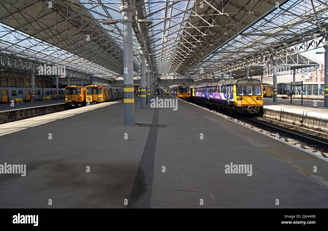 SOUTHPORT. LANCASHIRE. ENGLAND. 10-09013.  A line up of Northern Rail and Merseyrail units, including Northern 156440, 142003 plus Merseyrail 507027 & Stock Photo
