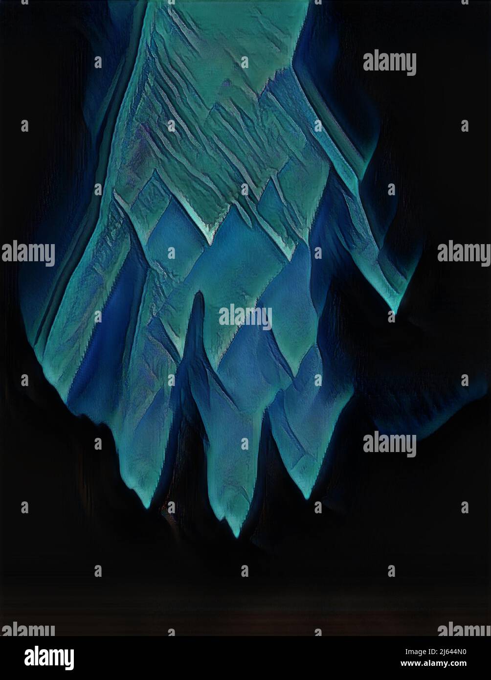 Abstract painting of an upsidedown hand, done in glacier blue and