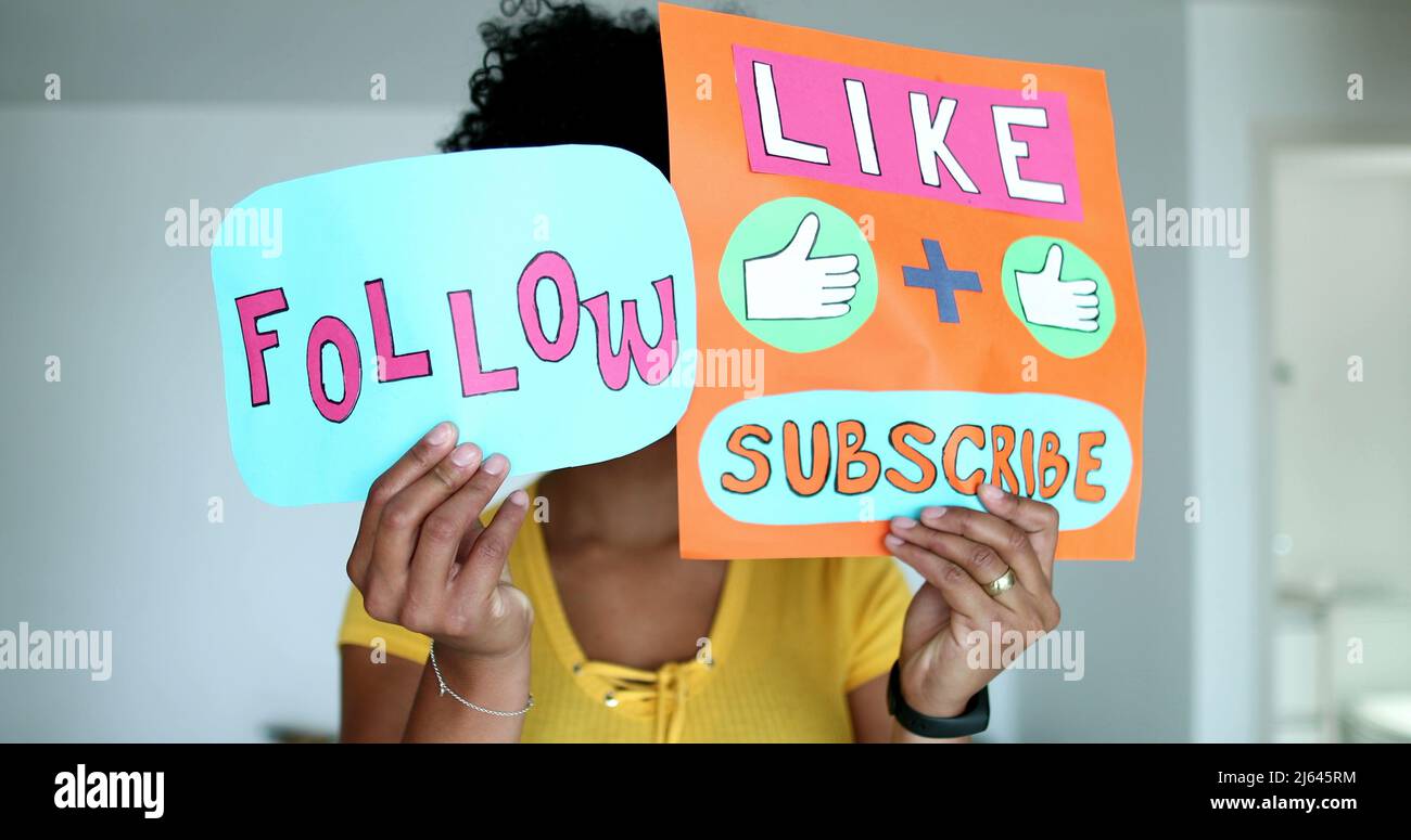 Millennial girl asking to like, subscribe, and follow on media channel ...