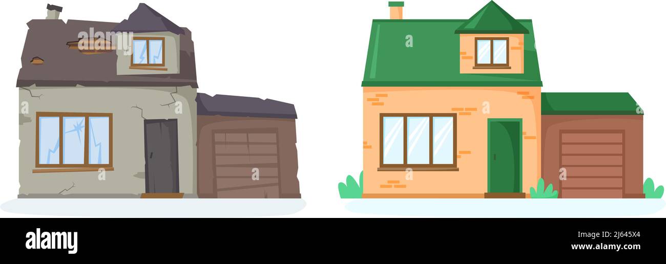 House before and after repair. Old and new suburban cottage. Run-down and renovated home. Remodelled brick house with garage. Nice detached house Stock Vector