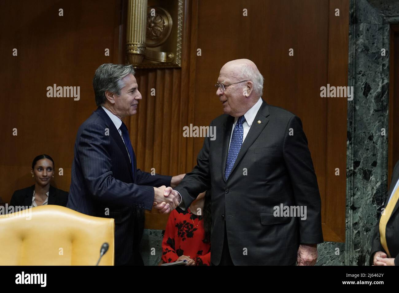 Washington, United States. 27th Apr, 2022. Secretary of State Antony Blinken speaks with Sen. Patrick Leahy, D-VT, before testifying before a Senate Appropriations Subcommittee on State, Foreign Operations, and Related Programs hearing to review of the fiscal year 2023 budget request for the U.S. Department of State on Capitol Hill in Washington, DC on Wednesday, April 27, 2022. Photo by Carolyn Kaster/UPI Credit: UPI/Alamy Live News Stock Photo