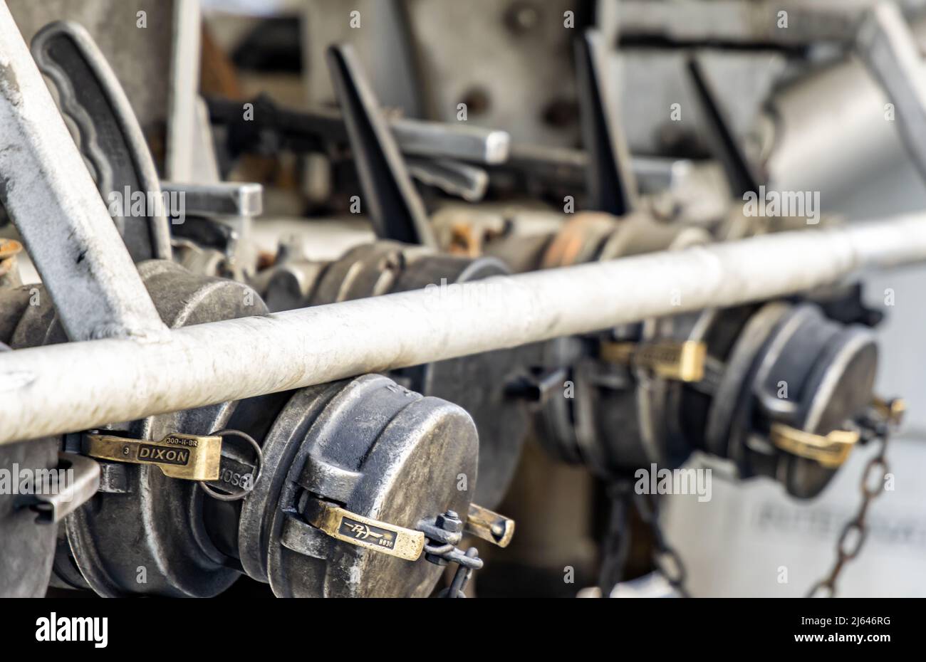 Detail images of valves on a tanker truck Stock Photo