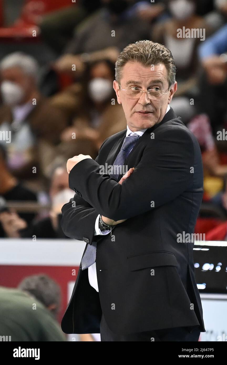 Eurosuole Forum, Civitanova Marche, Italy, April 27, 2022, Angelo Lorenzetti (Coach of Itas Trentino)  during  Play Off - Cucine Lube Civitanova vs Itas Trentino - Volleyball Italian Serie A Men Superleague Championship Stock Photo