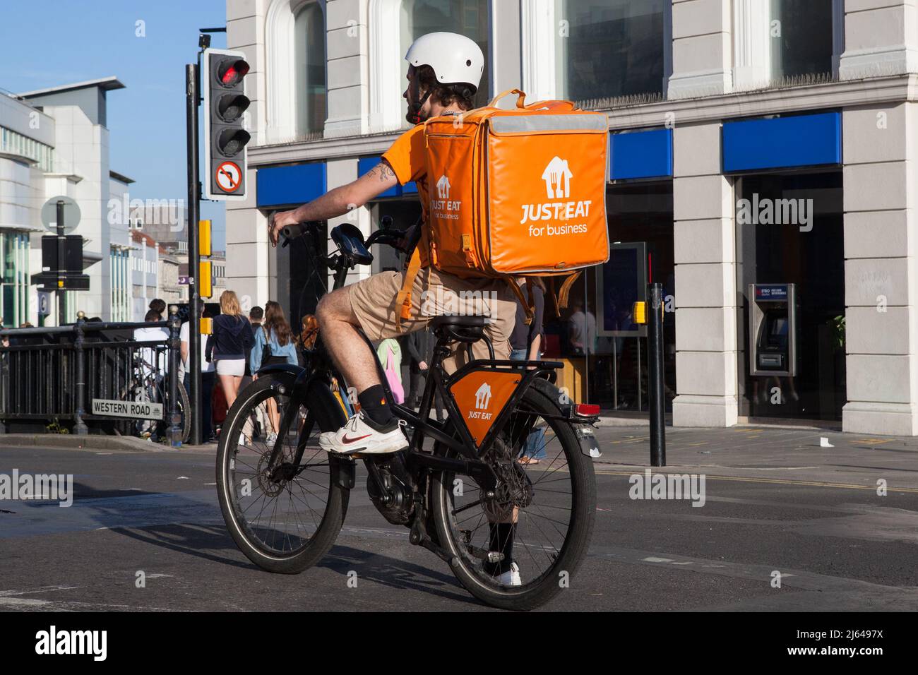 Just Eat bicycle courier in Brighton, East Sussex Stock Photo