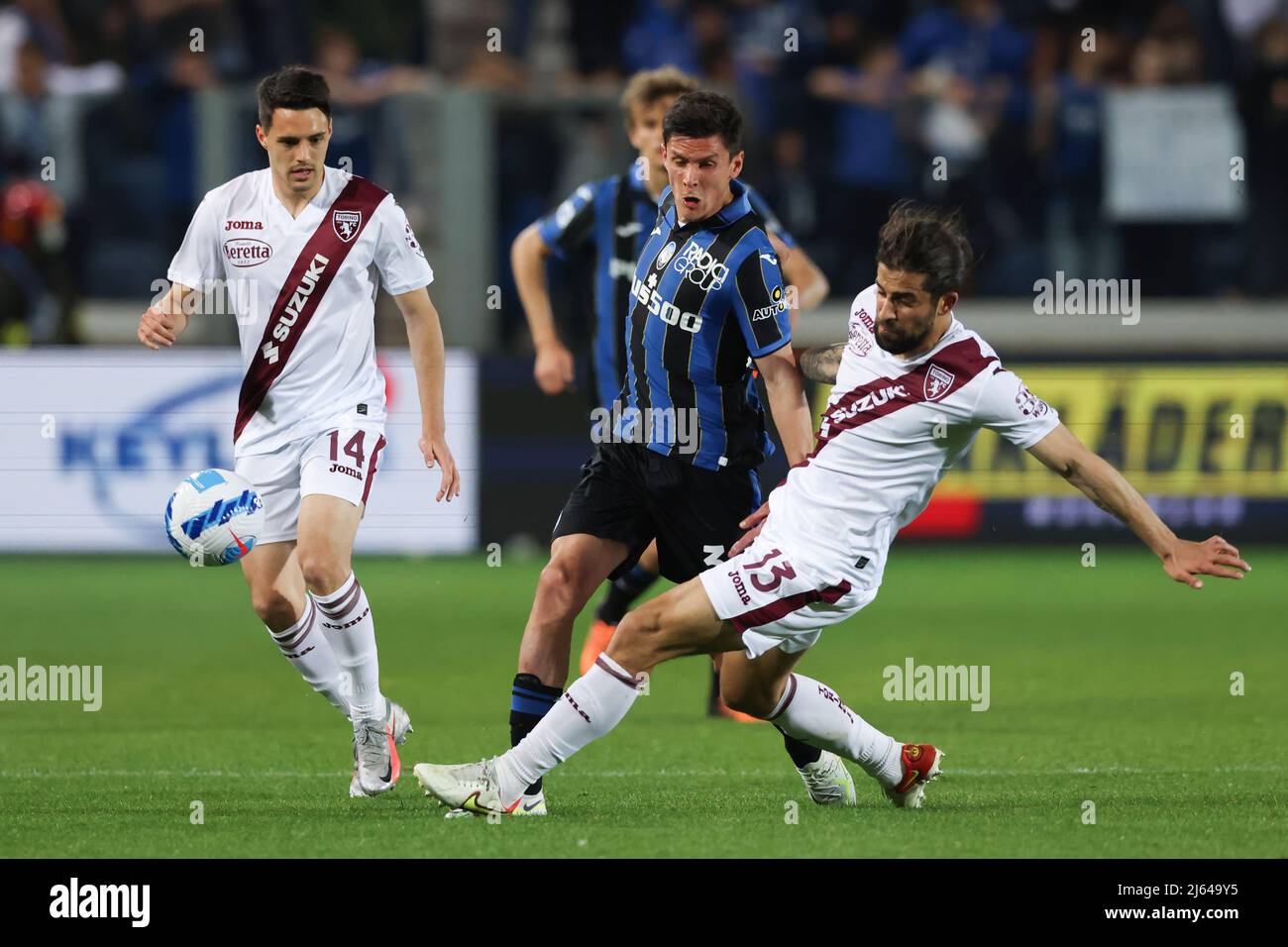 Bergamo Italy 27th Apr 22 Josip Brekalo Of Torino Fc Looks On As Team Mate Ricardo Rodriguez Dispossesses Matteo Pessina Of Atalanta During The Serie A Match At Gewiss Stadium Bergamo Picture