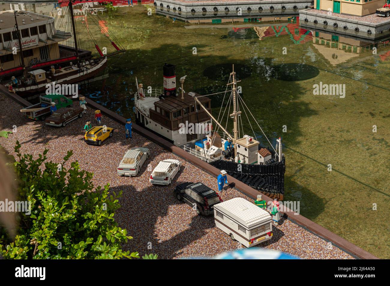 Billund, Denmark - June 25 2011: Lego model of a freight ship at Legoland Billund Stock Photo
