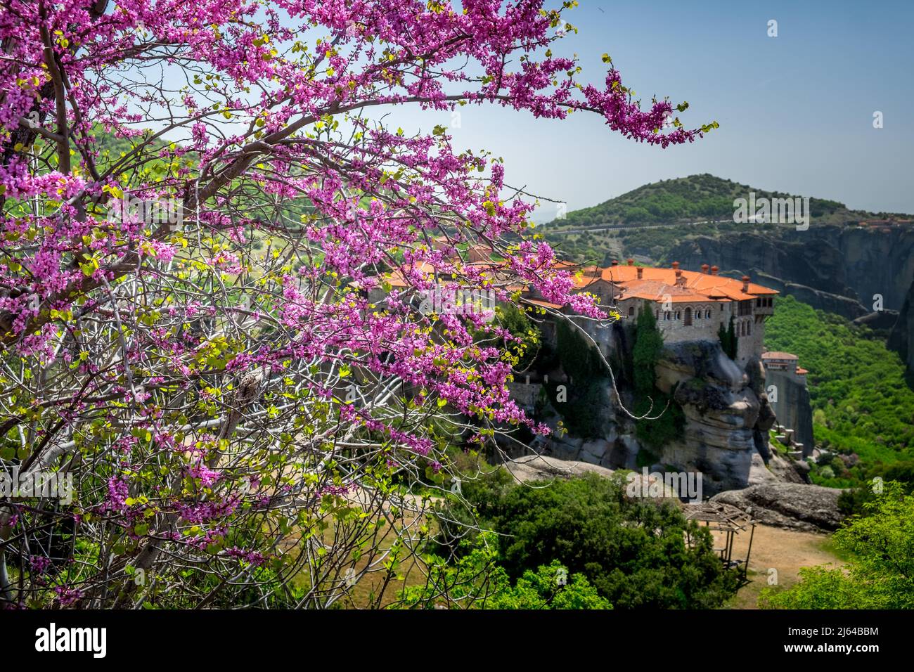 Landscape of Greek Orthodox Monasteries on the top of steep rocks Stock ...