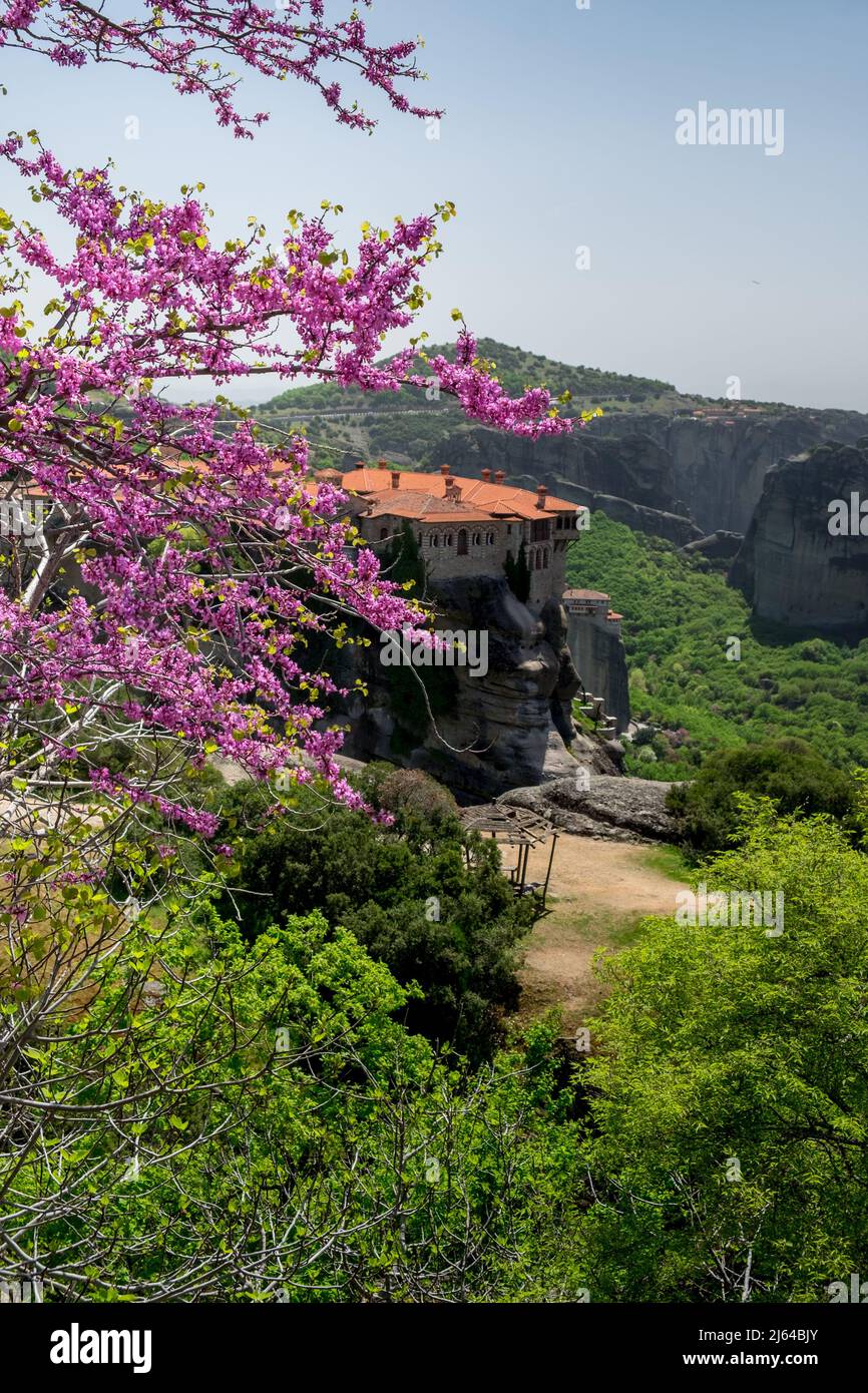 Landscape of Greek Orthodox Monasteries on the top of steep rocks Stock ...