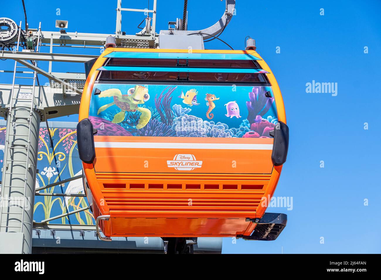 Disney Skyliner cable cars with character wrapping at Disney World
