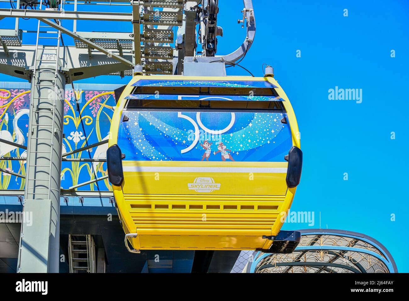 Disney Skyliner cable cars with character wrapping at Disney World