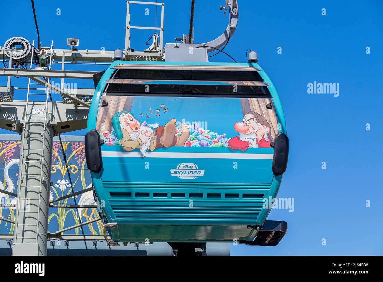 Disney Skyliner cable cars with character wrapping at Disney World