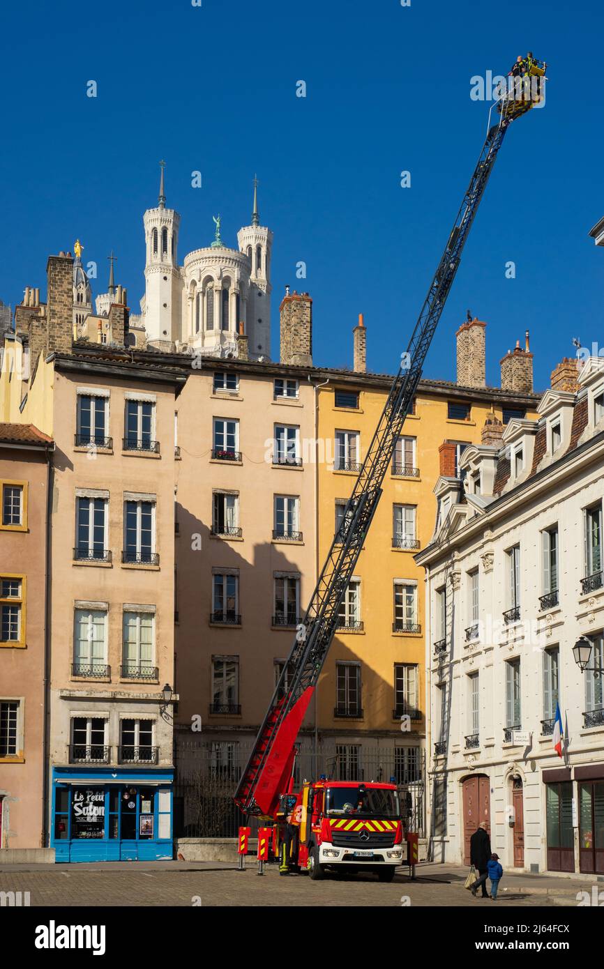 Lyon, France, February 27, 2019, firefighters intervention in the old town Stock Photo