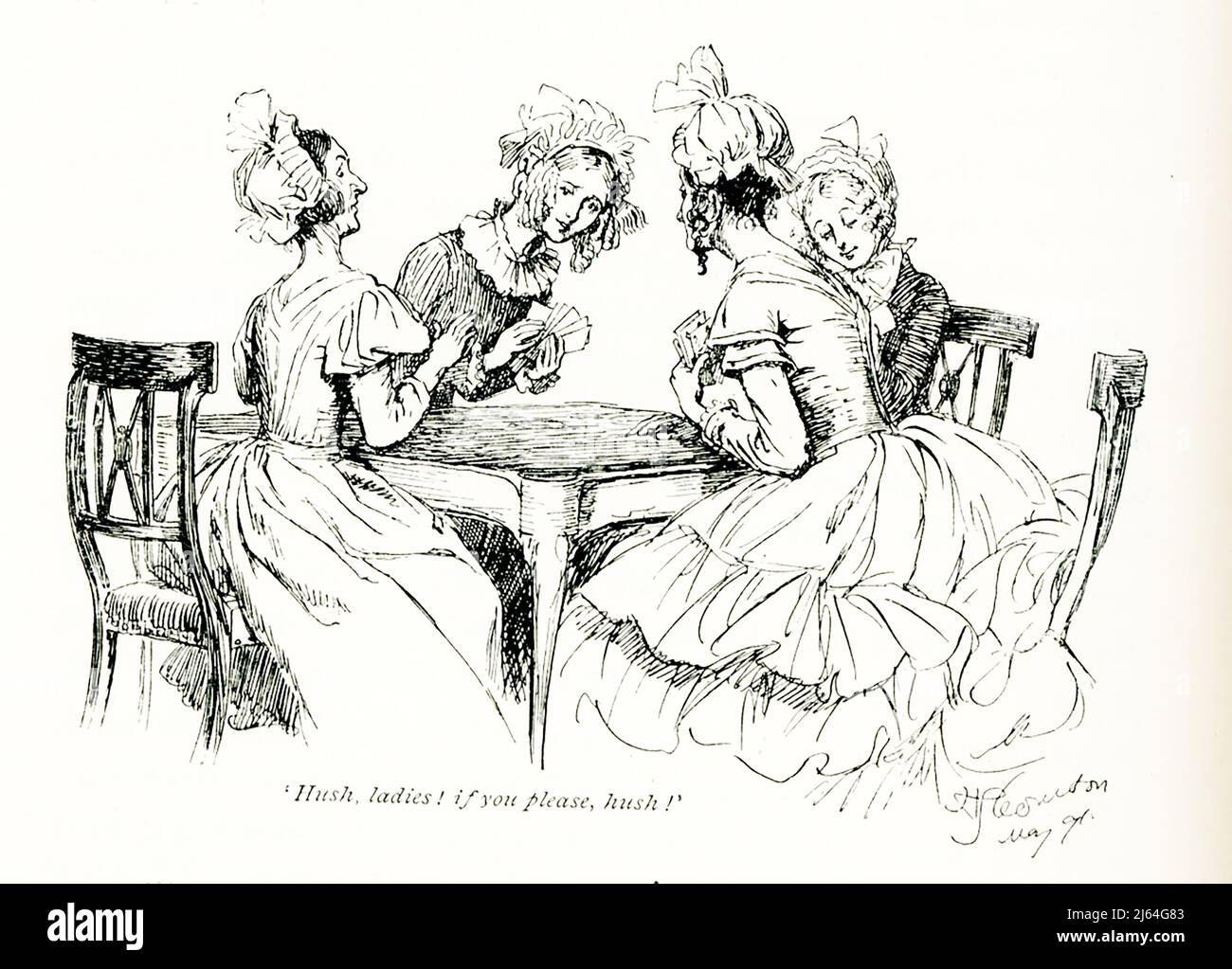 The 1891 caption reads: “hush, ladies, if you please, hush”—spoken by Miss Barker. It is taken from Mrs Gaskell’s novel Cranford and illustrated by Hugh Thomson. Elizabeth C Gaskell (died 1865), often referred to as Mrs Gaskell, was an English novelist, biographer, and short story writer. Her novels offer a detailed portrait of the lives of many strata of Victorian society, including the very poor. Her first novel, Mary Barton, was published in 1848. Gaskell's The Life of Charlotte Brontë, published in 1857, was the first biography of Brontë. Among Gaskell's best known novels is Cranford (1851 Stock Photo