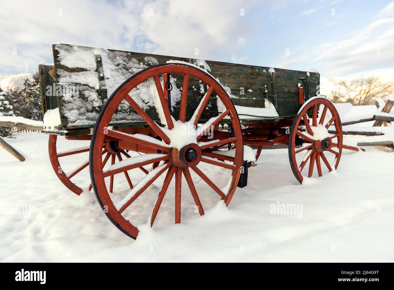 Snow-covered Wagon in Golden History Park, Golden, Colorado, USA Stock Photo