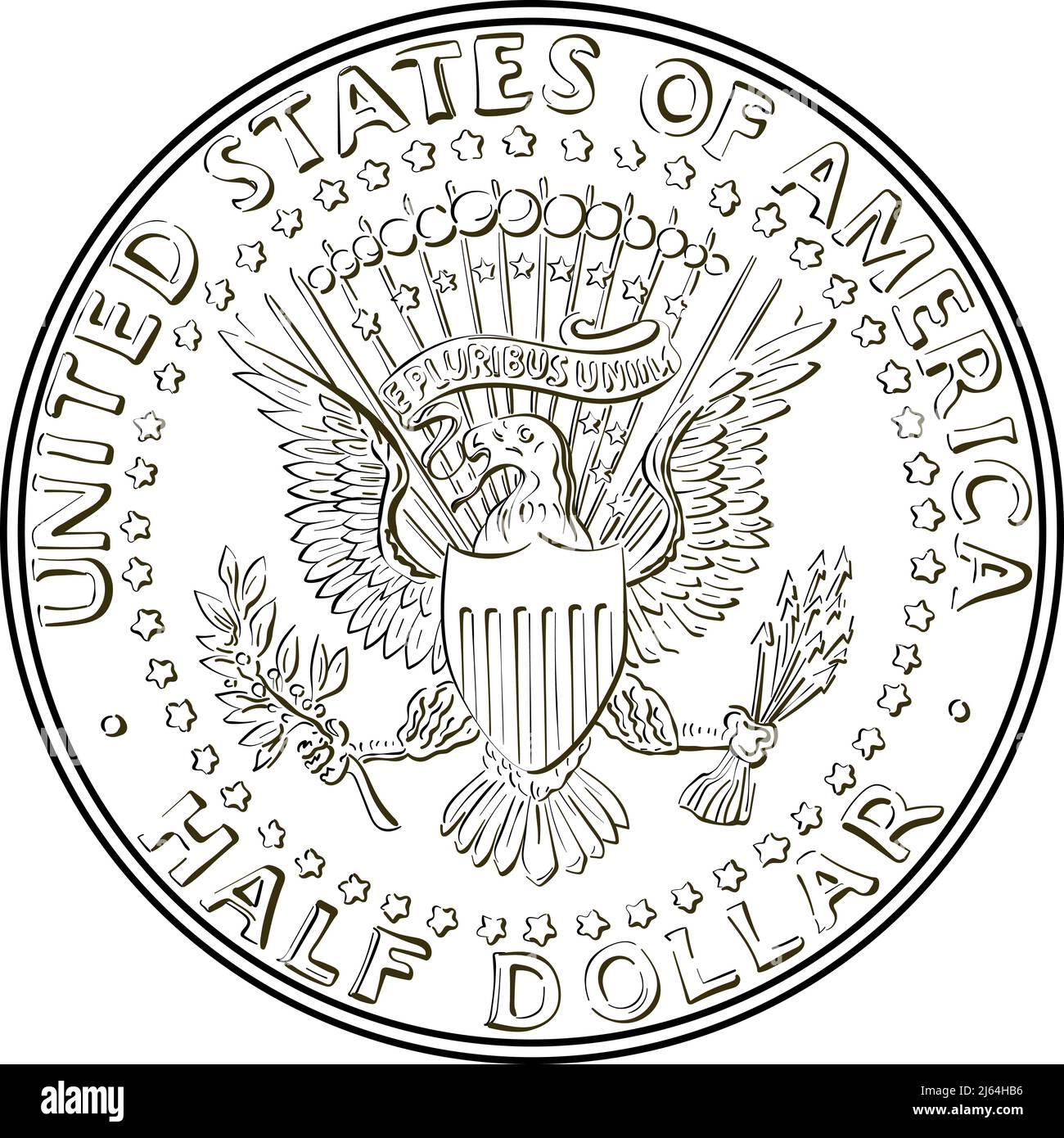 Black and white United States coin Half dollar with Presidential Seal on reverse Stock Vector