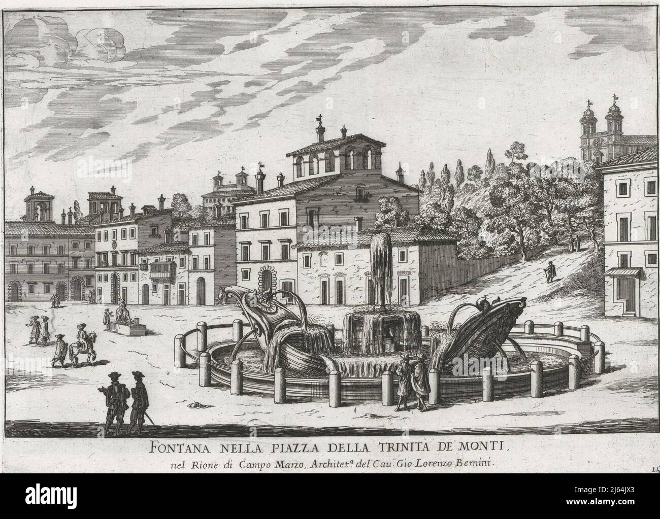The site before the construction of the Spanish Steps in a late 17th century engraving by Giovanni Battista Falda Stock Photo