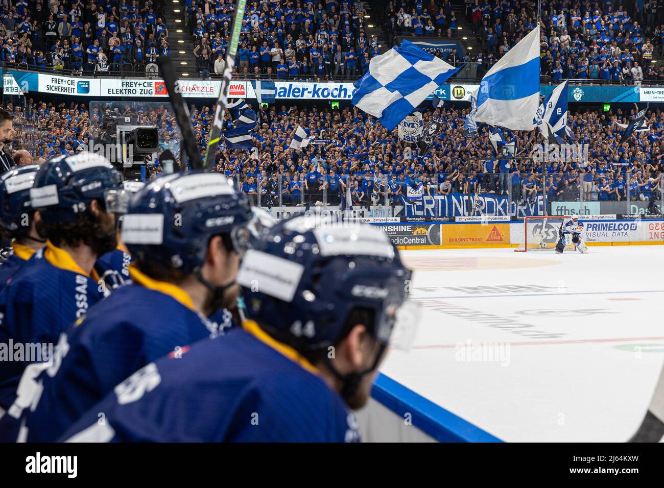 Zug fans ecstatic during the National League Playoff Final ice hockey ...