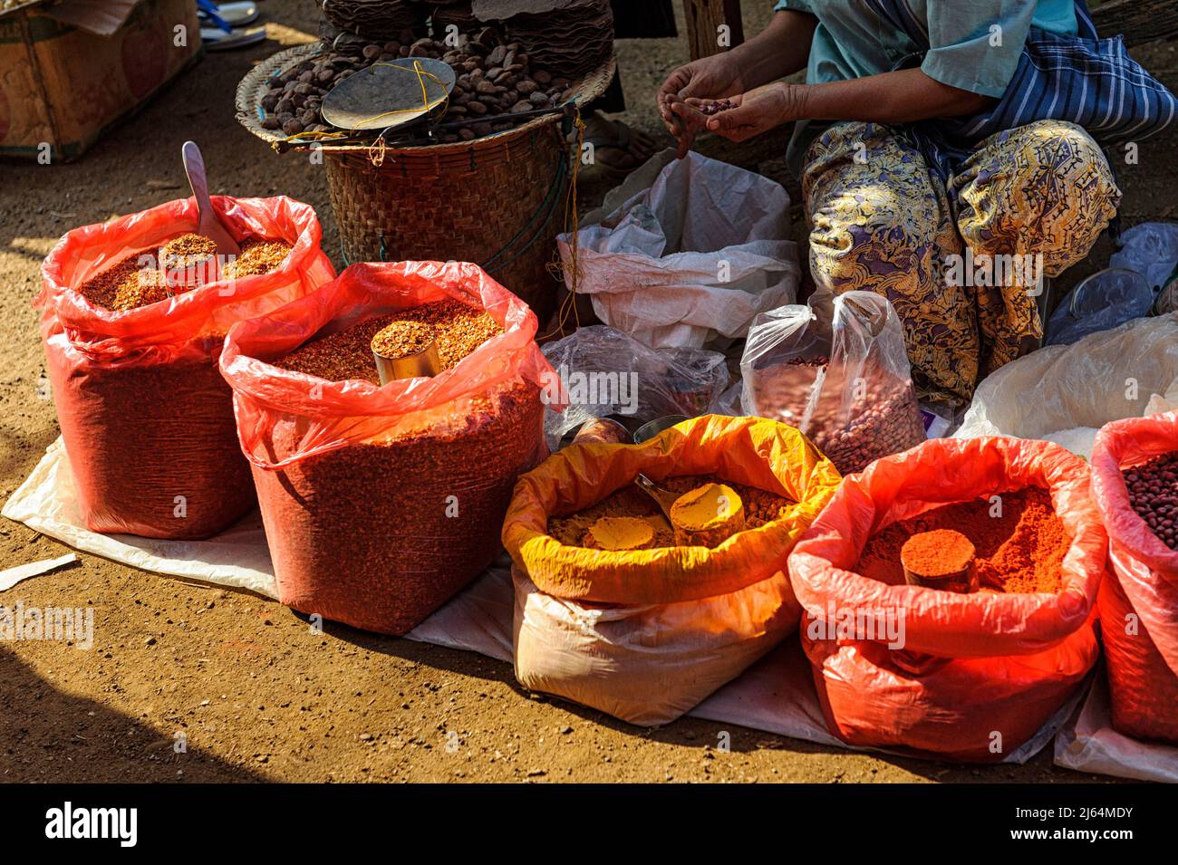 Marketplace selling spices, beans and nuts in Heho Myanmar Burma Stock Photo