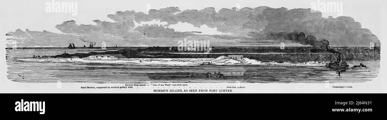Morris Island, as seen from Fort Sumter, showing battery from which the Star of the West was fired upon, in the American Civil War. 19th century illus Stock Photo