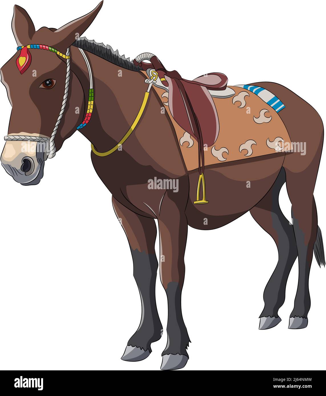A domestic donkey under a blanket and a saddle with stirrups. Vector