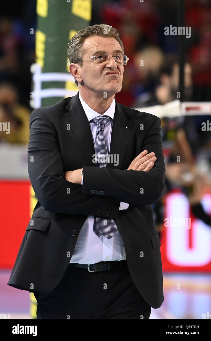 Eurosuole Forum, Civitanova Marche, Italy, April 27, 2022, Angelo Lorenzetti (Coach of Itas Trentino)  during  Play Off - Cucine Lube Civitanova vs Itas Trentino - Volleyball Italian Serie A Men Superleague Championship Stock Photo