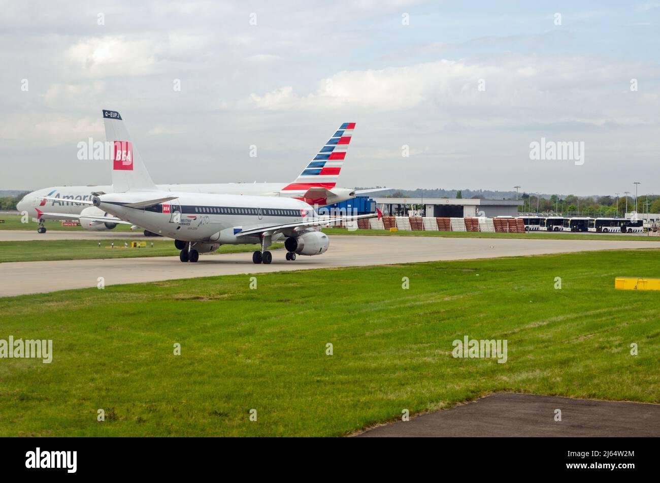 London, UK - April 19, 2022: A British Airways Airbus A319 plane painted in the heritage colours of the old BEA airline to mark the airline's centenar Stock Photo