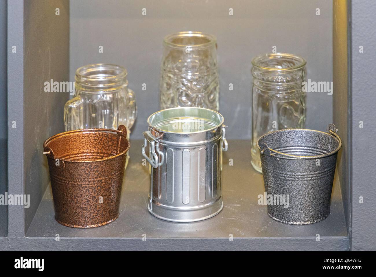 Three Small Tin Metal Buckets at Shelf Stock Photo Alamy